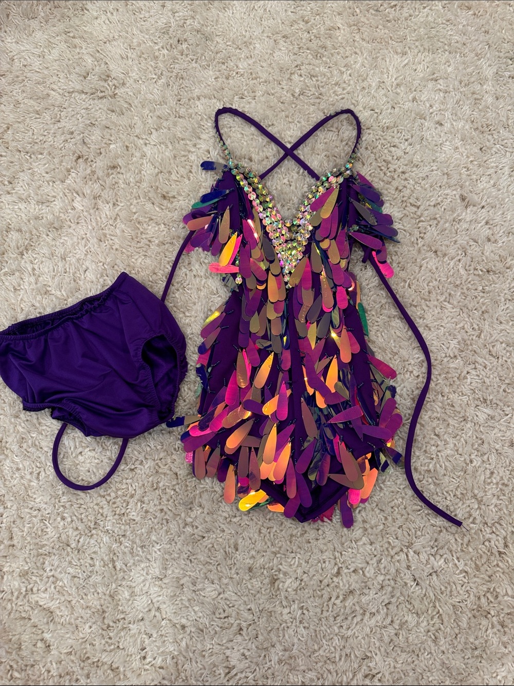 Glamour Purple Sequin Feather Dance Costume with Matching Briefs